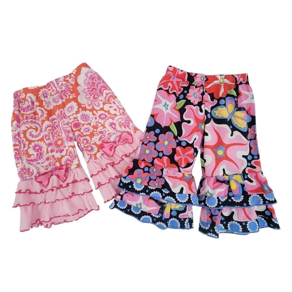 Ann Loren Floral Teired Ruffled Hem Pants / Capri Lot of 2 Girls Infant Toddler